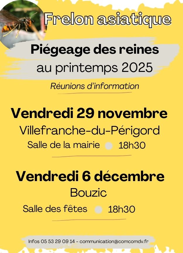 Frelon asiatique, piégeage des reines au printemps 2025 : réunions d’information. Vendredi 29 novembre, Villefranche-du-Périgord, salle de la mairie, 18h30. Vendredi 6 décembre, Bouzic, salle des fêtes, 18h30.